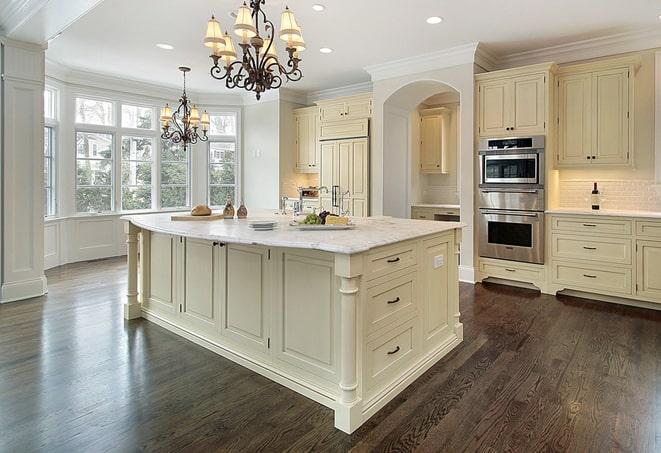 wood-look laminate floors in bright, airy kitchen in Hartford